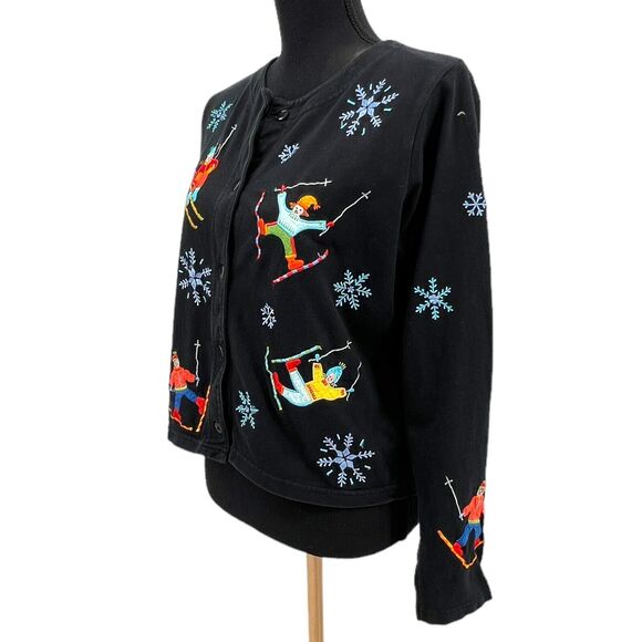 Michael Simon‎ Cardigan Womens Black Embroidered Winter Skiing Snowflake Sweater - Picture 2 of 8
